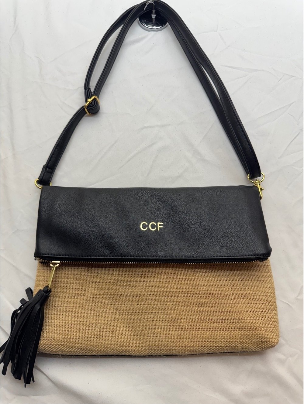 Monogrammed "CCF" Black Leather & Burlap Foldover Crossbody Bag with Tassel